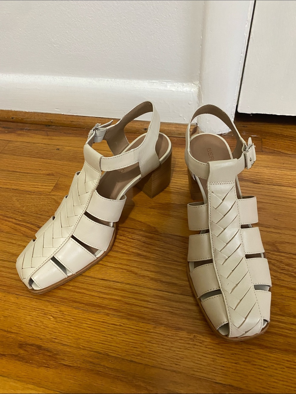 Bernardo Cream Woven Leather Block Heel Sandals